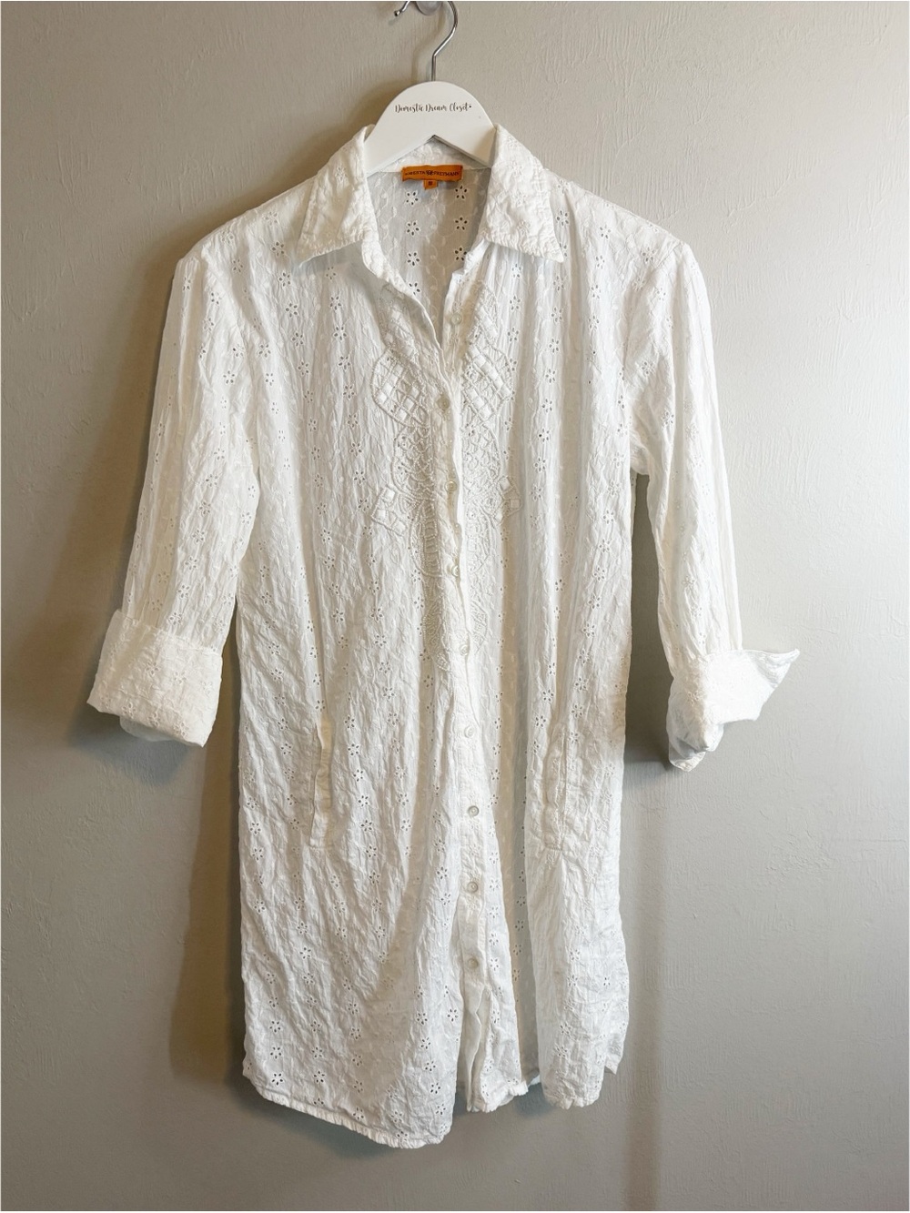 ROBERTA FREYMANN Women’s White Eyelet Beaded Button Up Shirt Dress 3/4 Slv Sz S